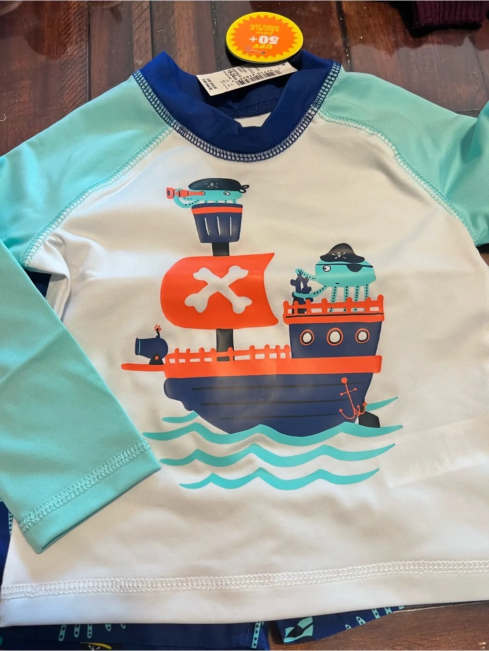 The Children's Place Boys Aqua Navy Pirate Octopus Swim Trunks & Rash Guard